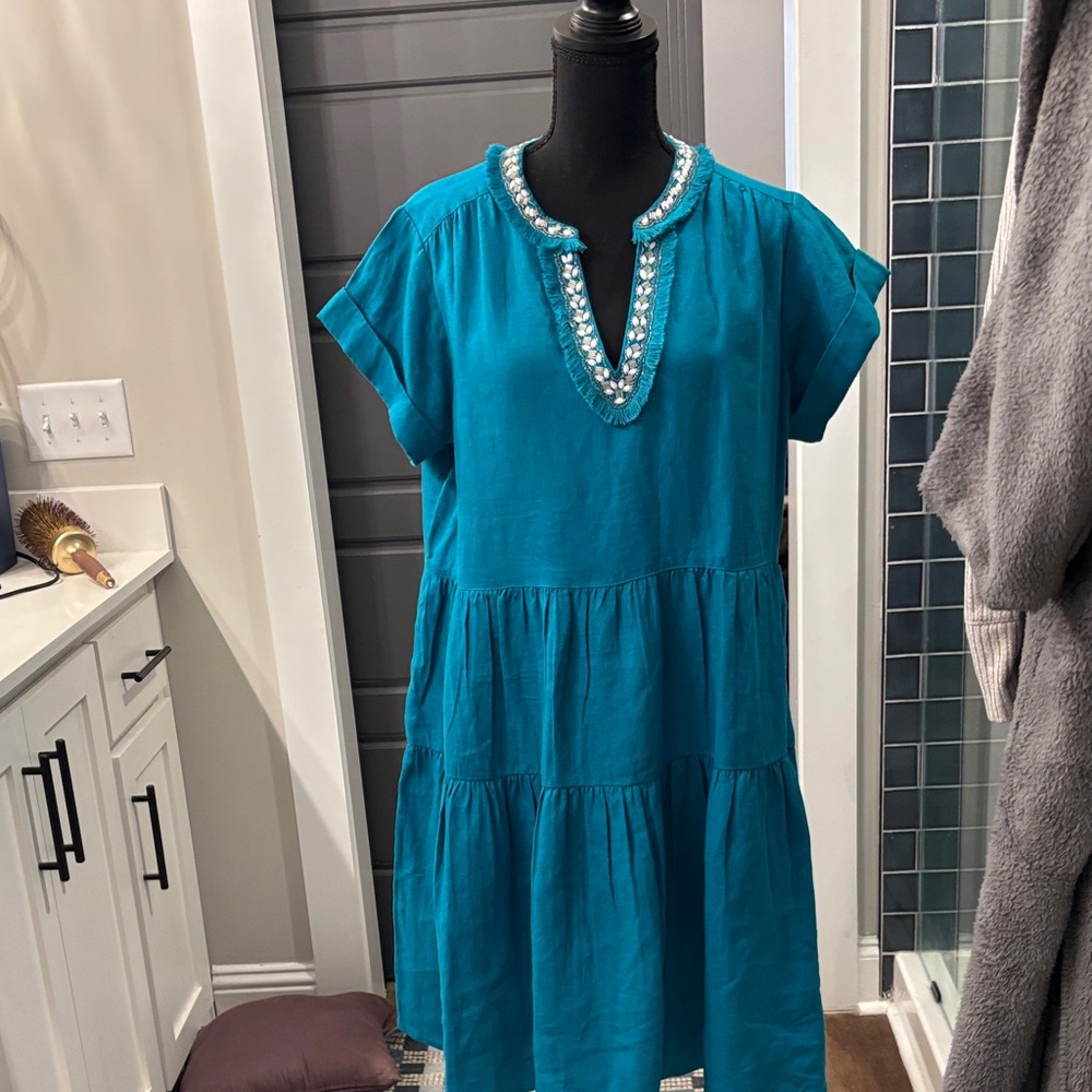 Chico's Blue Midi Dress with Embellished Neckline